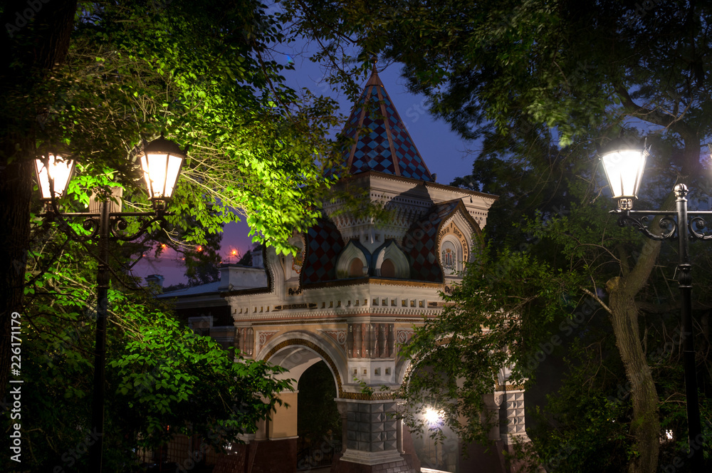 Russia, Vladivostok, July 2018: tnight triumphal arch in honor of Tsarevich Romanov Russia, Vladivostok, July 2018: tnight triumphal arch in honor of Tsarevich Romanov