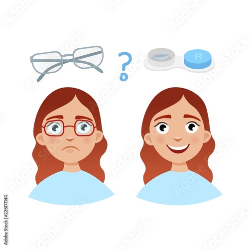 Glasses or lenses vector concept. Illustration of a cute girl.