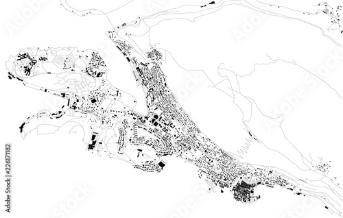 Mappa satellitare di Dubrovnik, Croazia, strade della città. Stradario e mappa del centro città