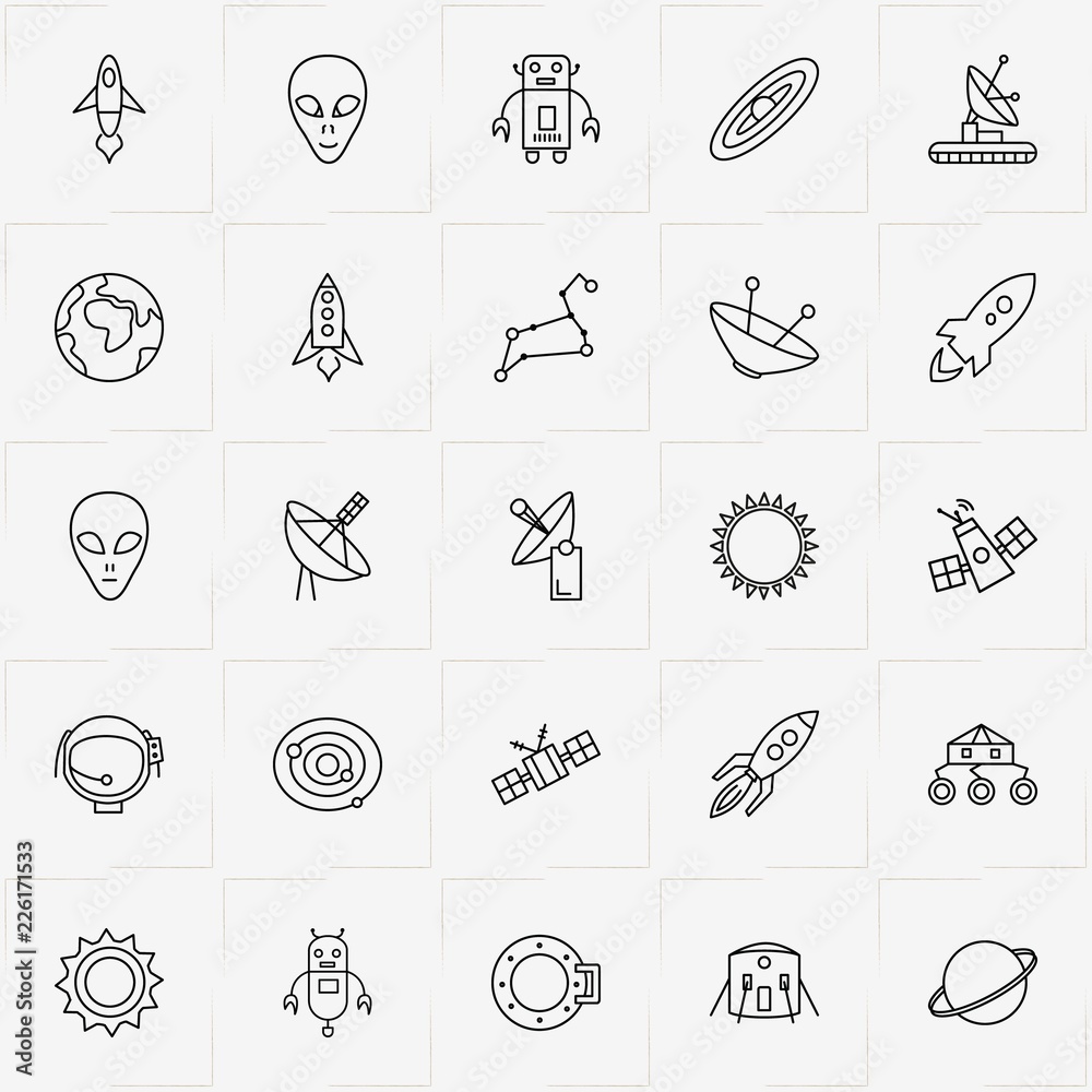 Astronomy line icon set with rocket, astronaut's helmet and satellite