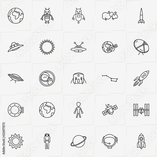 Astronomy line icon set with space station  space porthole and unknown flying object