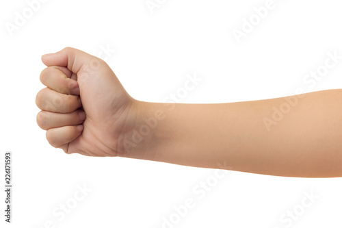 Human hand in fist, punch or griping gesture isolate on white background with clipping path