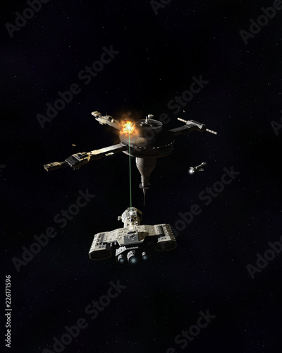Fototapeta Naklejka Na Ścianę i Meble -  Interstellar Space Station Under Attack by Laser Fire from a Spaceship - science fiction illustration