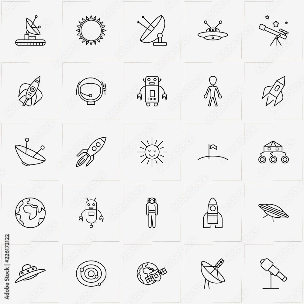 Astronomy line icon set with robot, astronaut's helmet and astronaut