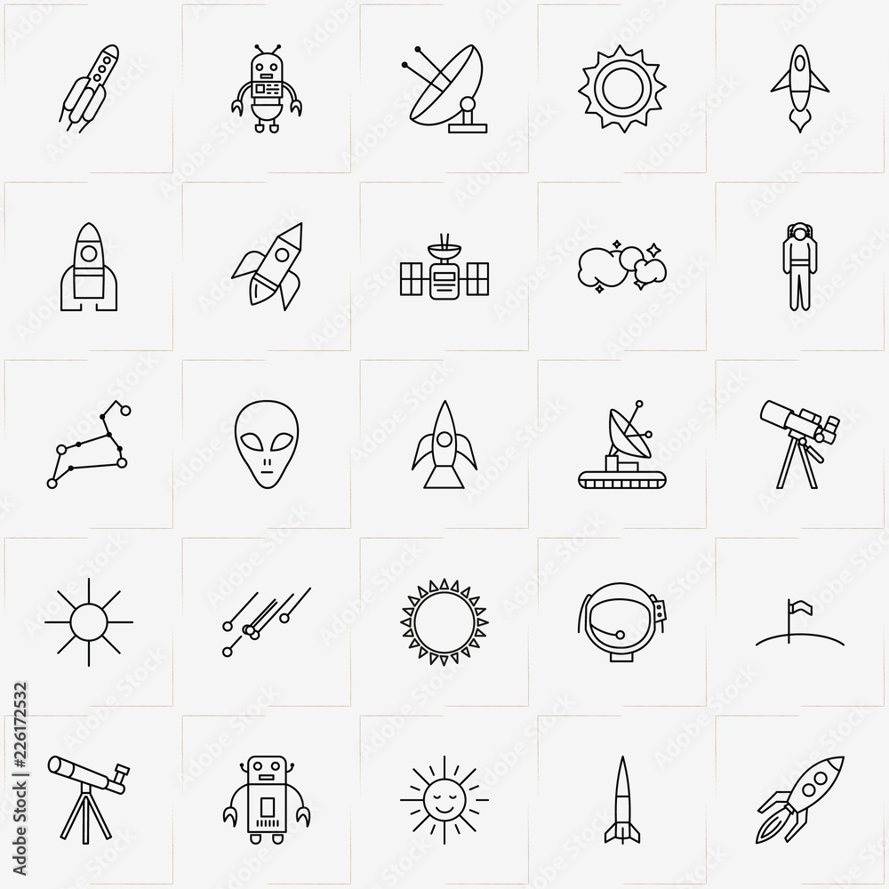 Astronomy line icon set with satellite, moon walker and cloud with stars