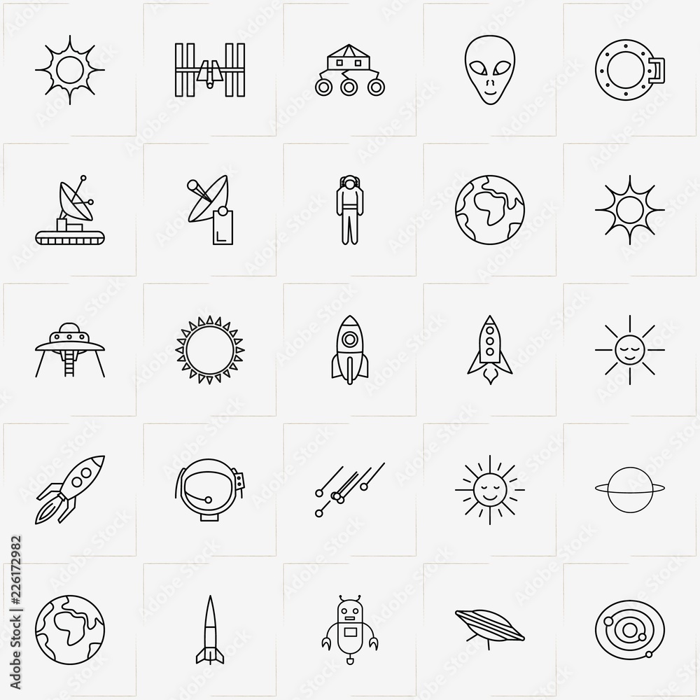 Astronomy line icon set with satellite, robot and universe