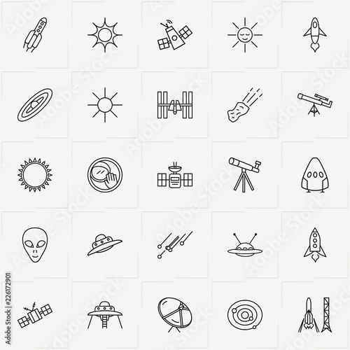 Astronomy line icon set with space ship, telescope and saturn