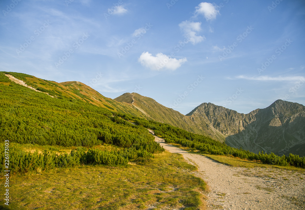 A beautiful hiking trail in the mountains. Mountain landscape in Tatry, Slovakia. Walking path scenery.