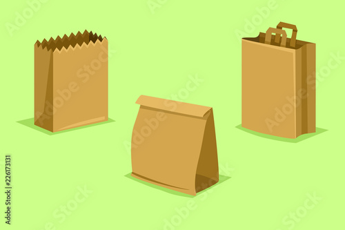 Vector Set of Paper Bags on Light Green Background.