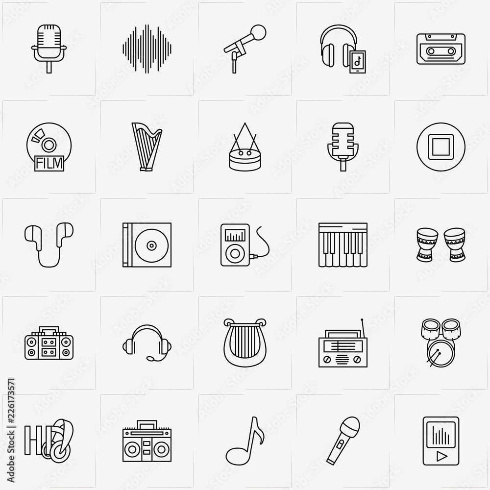 Audio line icon set with radio player, drums and piano keys