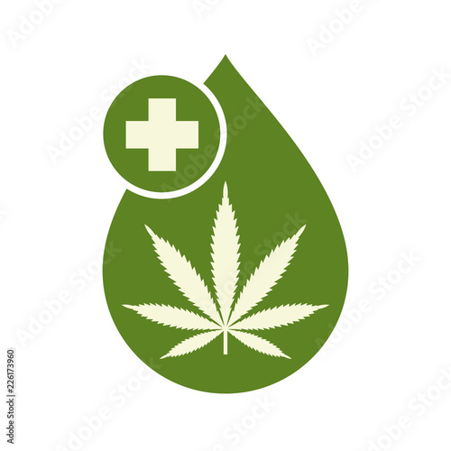 Medical Cannabis oil icon design with Marijuana leaf and hemp oil drop. CBD oil cannabis extract. Icon product label and logo graphic template. Isolated vector illustration on white background.