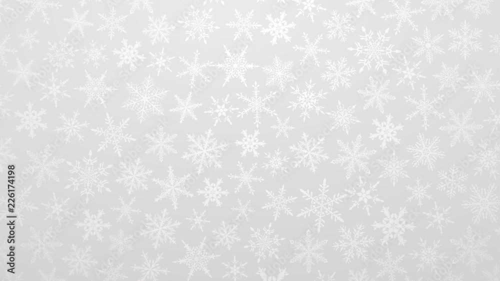 Christmas illustration with various small snowflakes on gradient background in gray colors Christmas illustration with various small snowflakes on gradient background in gray colors