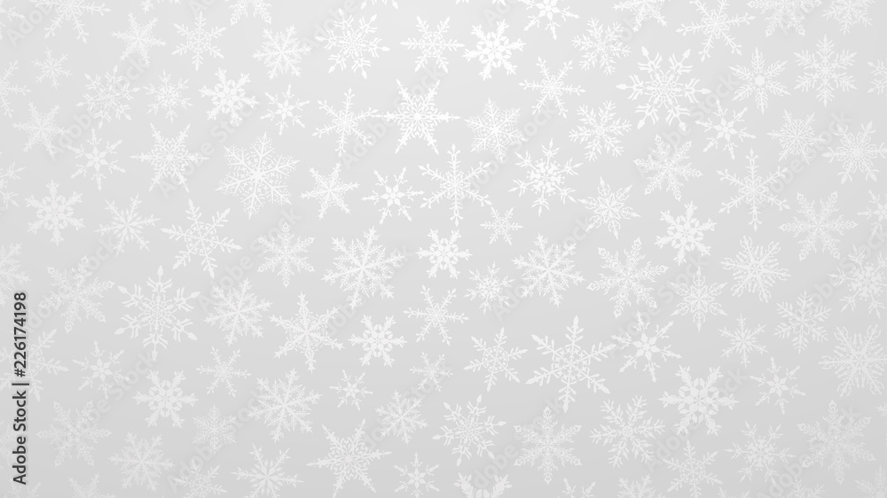 Christmas illustration with various small snowflakes on gradient background in gray colors