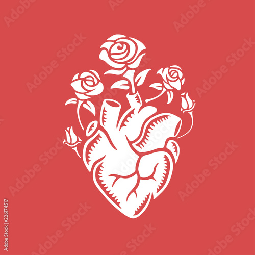 Hand drawn human heart with roses. Vintage vector illustration.