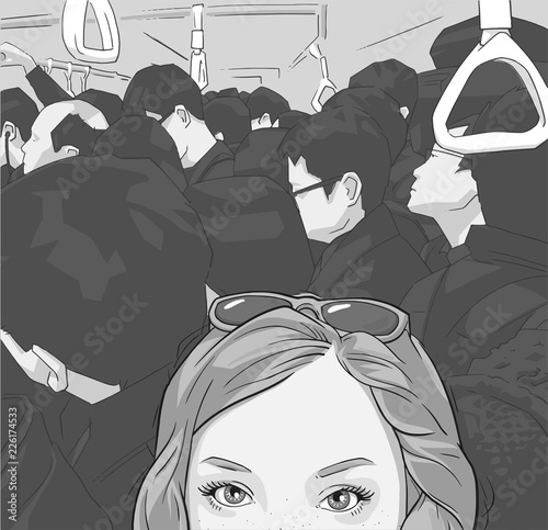 Illustration of tourist girl taking selfie photograph in crowded public transport
