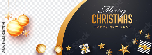 Top view of Merry Christmas and Happy New Year website banner design with gift boxes and stars and space for your product image.