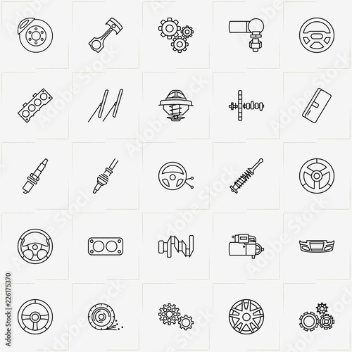 Auto Parts line icon set with shock absorber, car wipers and mechanism