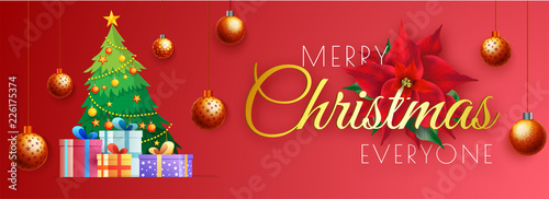 Website banner design with xmas tree and gift boxes on red background decorated with hanging bauble for Merry Christmas celebration.
