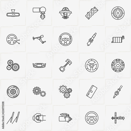 Auto Parts line icon set with camshaft, lower control arm and car suspension