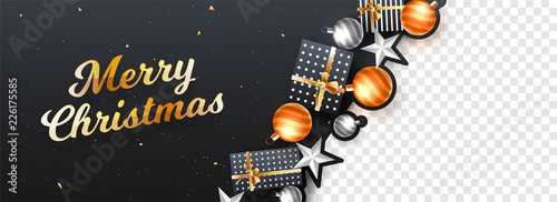 Merry Christmas header or banner design decorated with festival elements on black background with space of your product image.