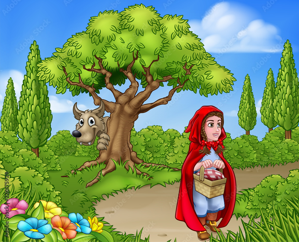 Scene from the childrens fairytale of little red riding hood cartoon  character holding her basket walking