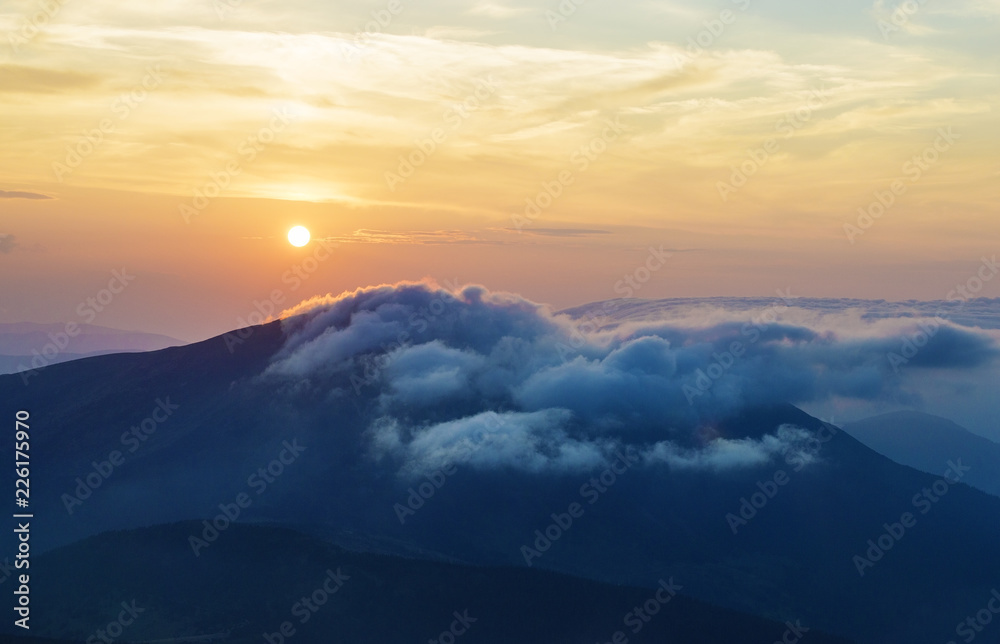 sunset in the mountains, beautiful Ukrainian landscapes, vacation, traveling, trekking in the wild, solitude