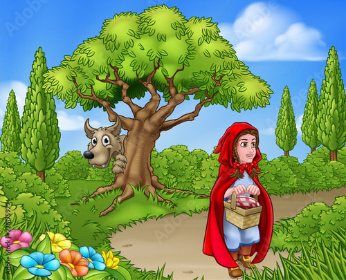 Scene from the childrens fairytale of  little red riding hood cartoon character holding her basket walking through the woods to gradmas house as the big bad wolf peeks from around a tree.