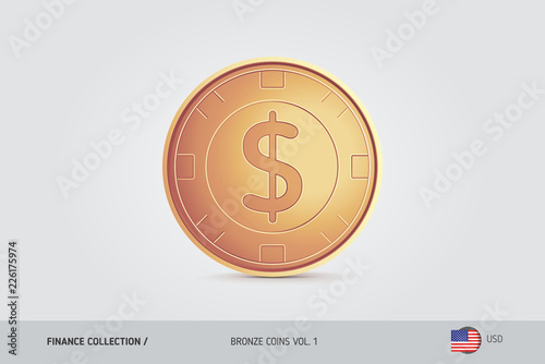 Bronze coin. Realistic bronze United States Dollar coin. Isolated object on background. Finance concept for websites, web design, mobile app, infographics.