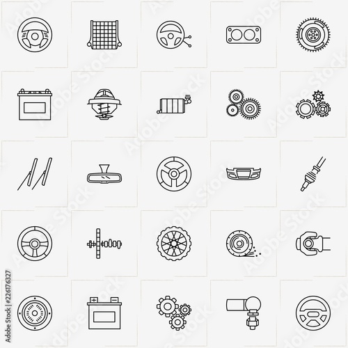 Auto Parts line icon set with bumper, clutch and engine gasket
