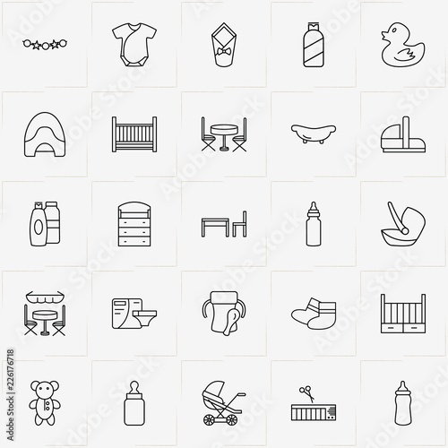 Baby Care line icon set with baby potty, baby bear toy and shampoo