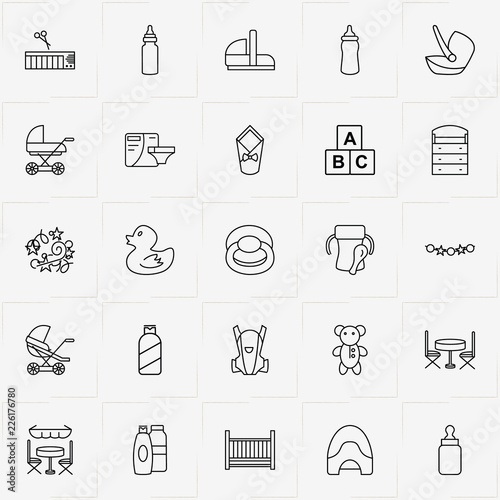 Baby Care line icon set with shampoo, baby potty and baby bed
