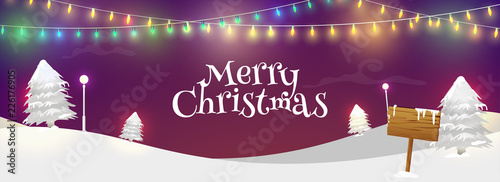 Merry Christmas celebration concept, snowy winter background decorated with bunting light. Website header or banner design.
