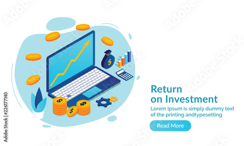 Isometric laptop with financial info chart, coin stacks and bar graph, web template design for Return On Investment (ROI) concept.