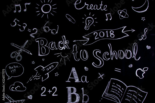 Handwritten school concept on blackboard written with chalk. Back to School