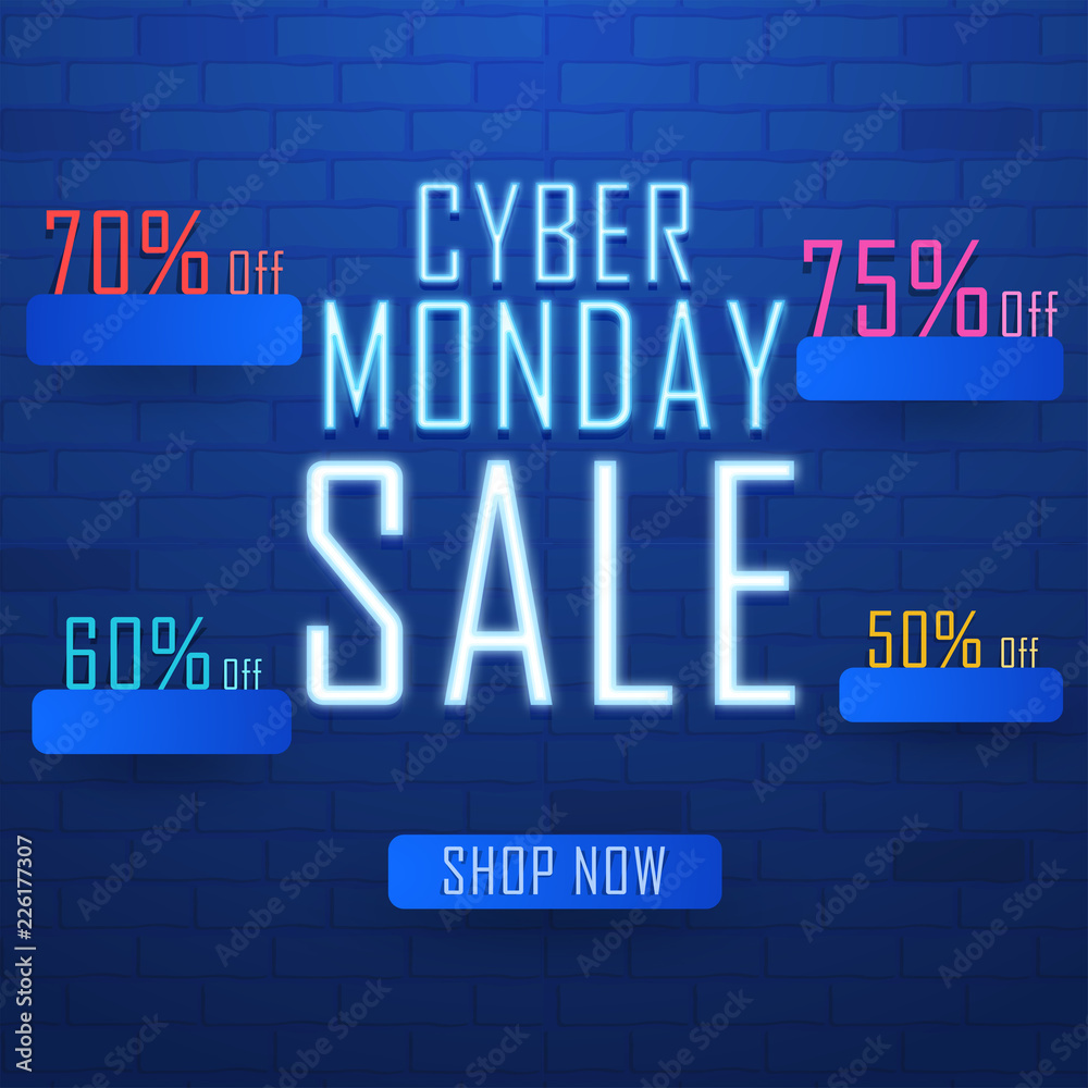 Neon text Cyber Monday Sale with different discount offers on shiny blue brick wall. Advertising concept based design.