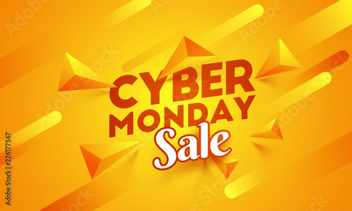 Cyber Monday sale poster or template design with 3d abstract elements on shiny orange background.