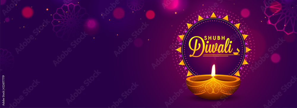 Website header or banner design with realistic oil lamp on purple background for Diwali Festival celebration.