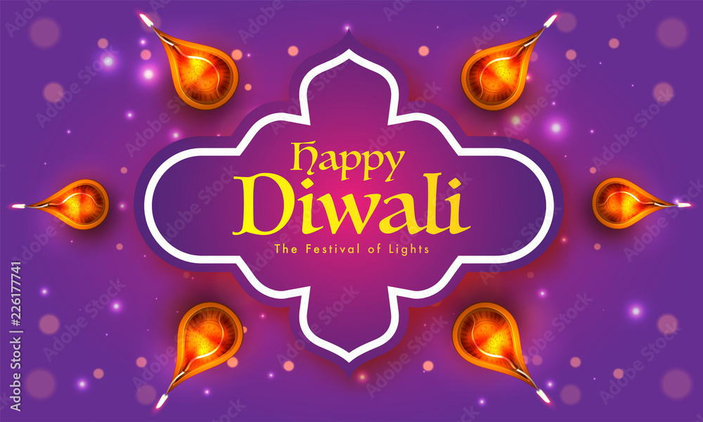 Happy Diwali poster or banner design, top view of illuminated realistic oil lamps on purple bokeh background.