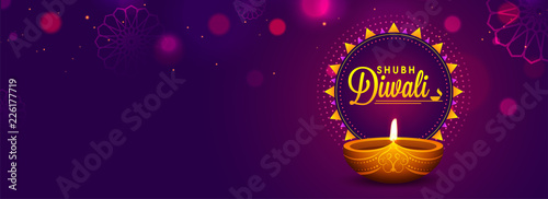 Website header or banner design with realistic oil lamp on purple background for Diwali Festival celebration.