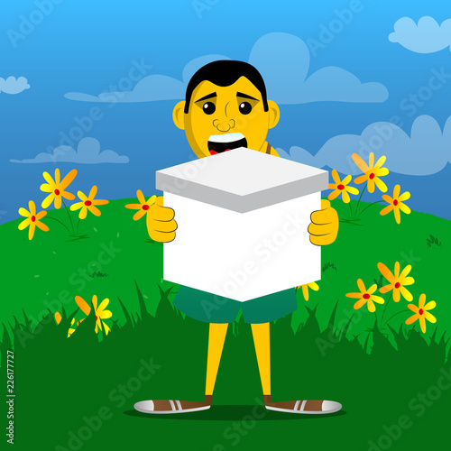 Yellow man holding white box. Vector cartoon illustration.