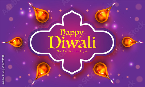 Happy Diwali poster or banner design  top view of illuminated realistic oil lamps on purple bokeh background.