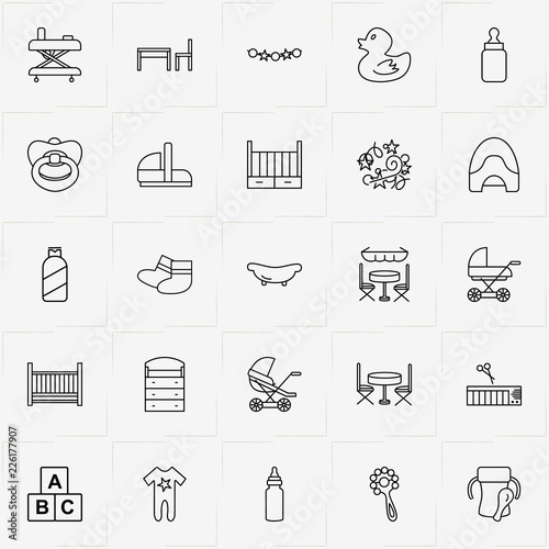 Baby Care line icon set with baby socks, cupboard with shelves and baby potty