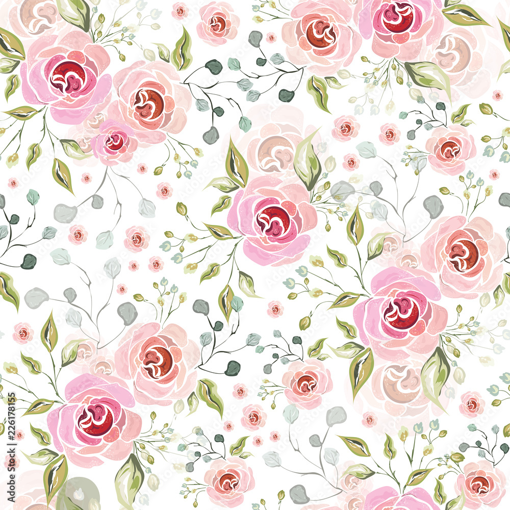 Pink rose flowers decorative florist seamless pattern background.