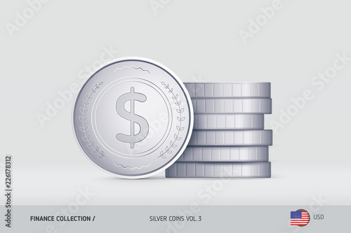 Silver coins. Realistic United States Dollar coin standing near of stacked coins. Finance concept for websites, web design, mobile app, infographics.