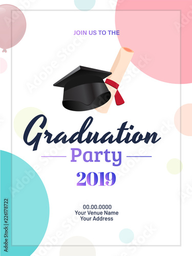 Graduation party 2019 invitation card or template design with illustration of mortarboard and diploma.