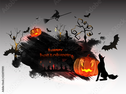 Creative poster or template design with scary pumpkin, spooky bats and yelling wolf for Halloween festival concept.