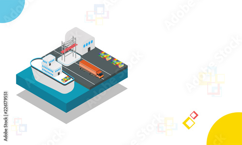 Isometric seaport illustration, delivery boxes out of warehouse, seaway shipping or transportation concept based web template design.