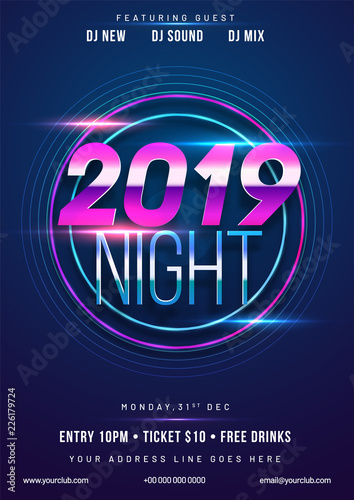 Shiny purple text 2019 Night on blue background with time and venue details for New Year celebration concept.