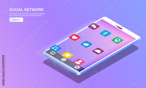 Social Networking concept based isometric design, 3D smartphone with multiple web and social media application on shiny purple background.