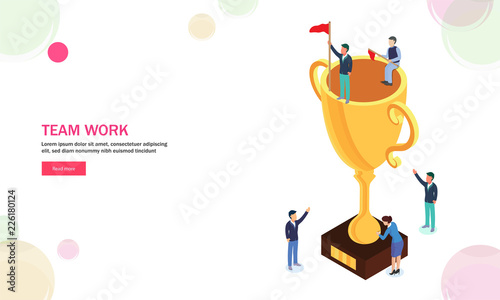 Miniature people cheering colleague to achieve the goal. Isometric design for Teamwork concept based landing design.
